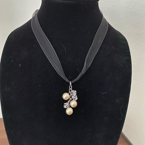 Elegant Black Tulle Necklace w/ Faux Pearls & Crystals on Sterling Silver - Picture 2 of 4